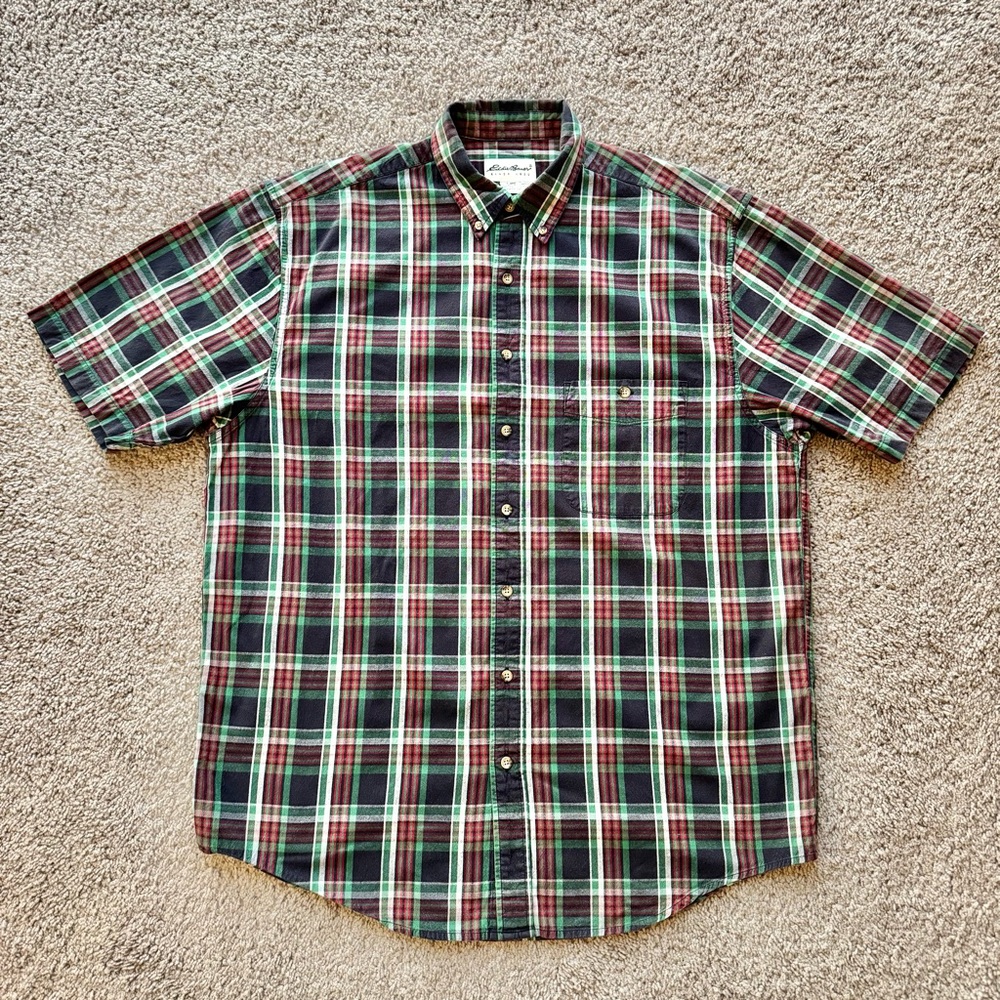 Eddie Bauer Vintage Shirt Mens Large Faded Plaid Blue Green Short Sleeve Button
